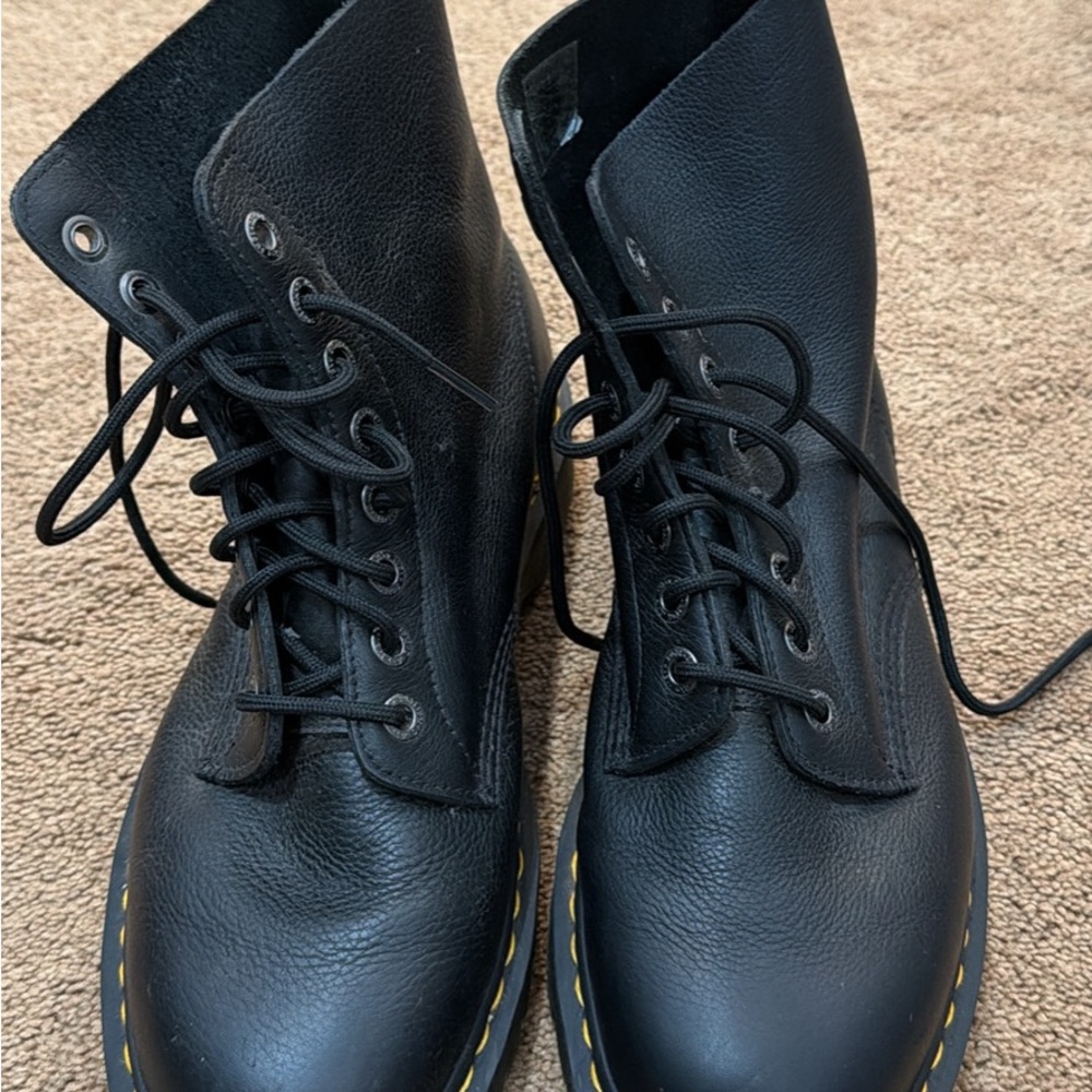 Dr. Martens Black Leather Lace-Up Boots with Yellow Welt Stitching